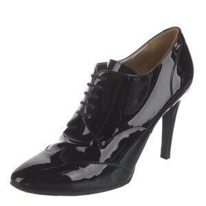 CHANEL CC Logo Black Patent Leather Heeled Booties